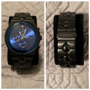 Men’s FOSSIL Watch Black Metal Band with Cobalt Blue Face and Diamond @ 12